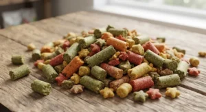 Balanced vitamin-enriched pellets serving as ideal parrot food for large parrots like Amazons and cockatoos.