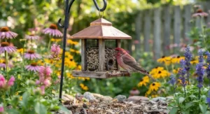 A purple finch feeding on small bird food in a Canadian flower garden.