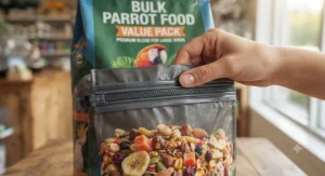 Demonstrating the heavy-duty, moisture-resistant seal on a bulk parrot food value pack.