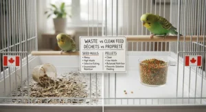 A comparison showing seed hull debris in a cage tray versus clean, low-waste small bird pellets.