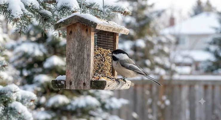 A black-capped chickadee eating small bird food from a backyard feeder in Canada.