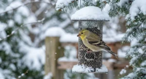 An American goldfinch enjoying small bird food during a Canadian winter.