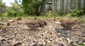 Small bird food scattered on the ground for ground-feeding birds like sparrows.
