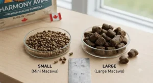Close-up view comparing small and large macaw pellet size options for miniature and large macaws.