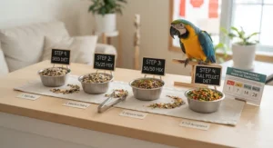 A step-by-step display showing how to transition a pet parrot from a seed mix to healthy pellets.