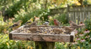 A variety of small backyard birds sharing a platform feeder filled with small bird food.