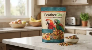 A package of vitamin-enhanced parrot food for feather health sitting on a kitchen counter.