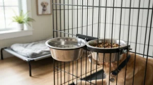Stainless steel cage cup feeders filled with the best budgie food inside an aviary