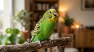 A happy parakeet displaying cheerful chirping behaviour after eating the best budgie food