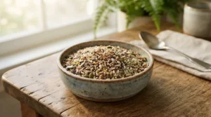 A colorful bowl of the best budgie food featuring a nutritious seed mix for pet birds in Canada