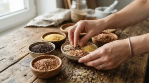 Reviewing the best cockatiel food seed mix options on a wooden table in Vancouver.