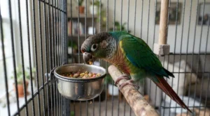 A colorful lovebird enjoying the best lovebird food in a ceramic bowl inside a modern Canadian home cage.