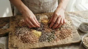 An owner preparing an organic seed blend as part of the best parrotlet food routine.