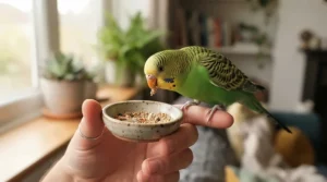A vibrant green bird enjoying the best parrotlet food designed specifically for tiny beak feeding habits.
