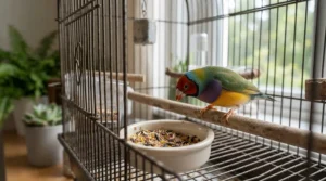 A close-up of a budgie eating the best small bird food for breeding hens, featuring added calcium.