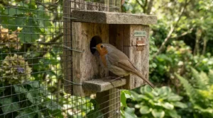 A mother bird near her nesting box, supplied with the best small bird food for breeding hens.