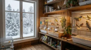 A Canadian indoor breeding setup utilizing the best small bird food for breeding hens during winter.