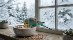 A tiny budgie enjoying the best small bird food for feather health inside a warm home during a snowy Canadian winter day