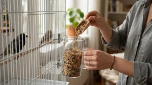 A pet owner pouring the best small bird food for feather health into a feeder during daily routine