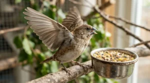 A happy pet finch eating the best small bird food for feather health from a stainless steel cup