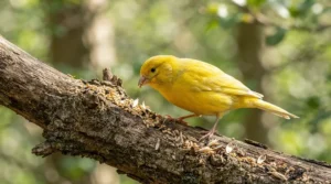 Close-up of a canary eating the best small bird food for feather health featuring an omega-rich seed mix