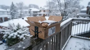 An Amazon.ca delivery package containing finch food under $15 CAD unpacked on a snowy Canadian balcony.