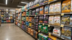 Shopping for economical bird supplies including finch food under $15 CAD displayed on a retail shelf.