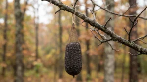 A specialized sock feeder filled with fine niger seed bought as finch food under $15 CAD.