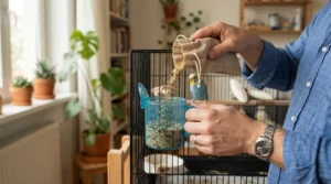 Refilling small cage seed cups with budget finch food under $15 CAD for indoor pet birds.