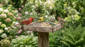 A small flock of colorful finches enjoying affordable finch food under $15 CAD on a platform feeder.