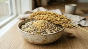 A clear glass dish filled with vibrant, dye-free formulas evaluated in a natural small bird seed mix review.