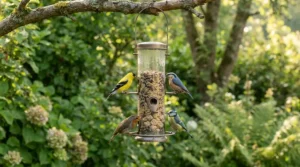 Wild finches enjoying non-GMO small bird food featured in a natural small bird seed mix review.