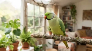 A healthy pet bird featured in a natural small bird seed mix review focusing on quality nutrition.