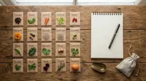 A visual chart and seeds displayed together for a natural small bird seed mix review.